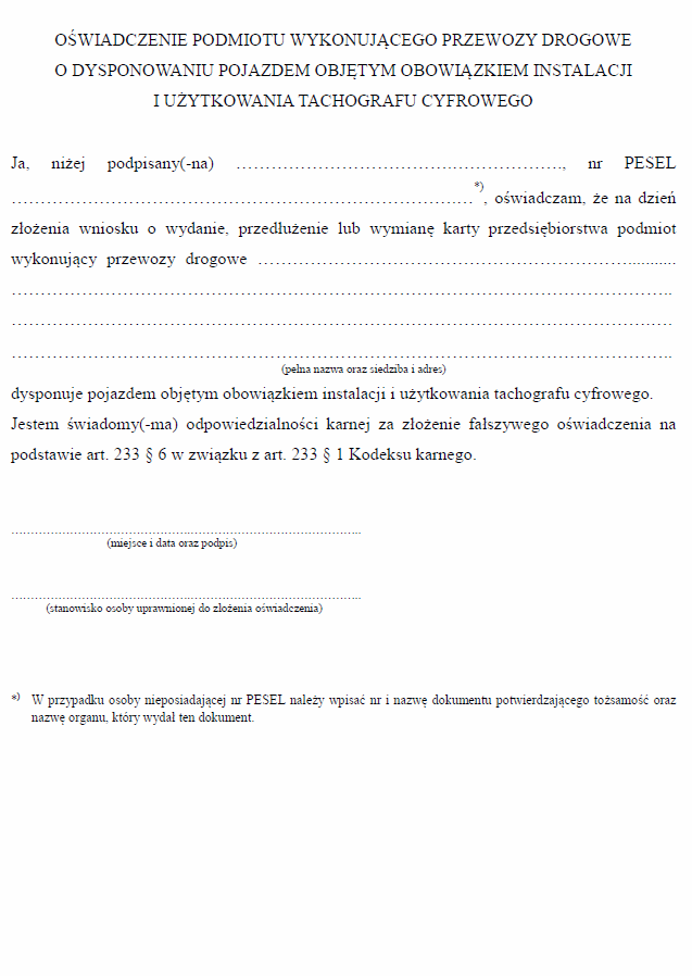 Wzory dotyczące kart do tachografów cyfrowych