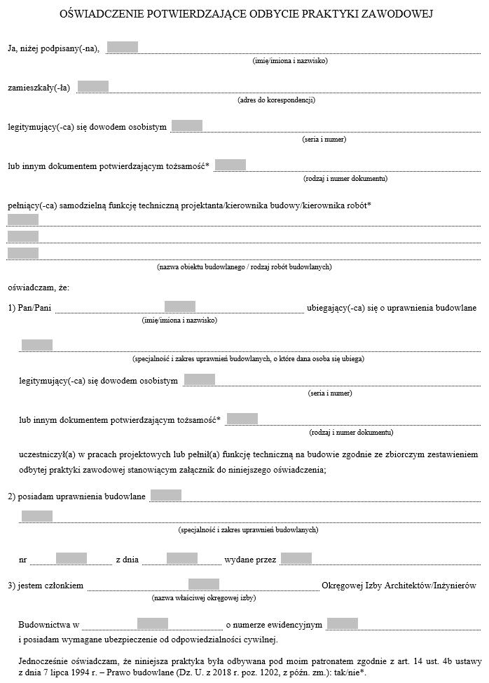 Oświadczenie potwierdzające odbycie praktyki zawodowej do wykonywania samodzielnych funkcji technicznych w budownictwie