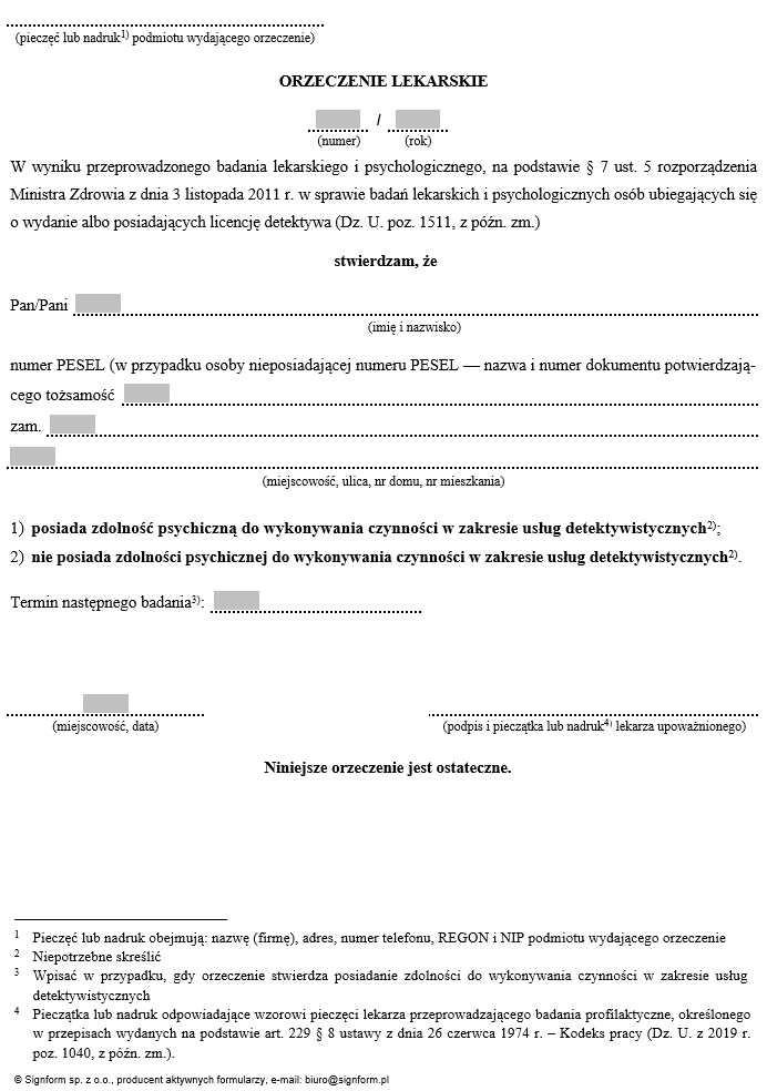 Orzeczenie lekarskie zdolność psychiczna do wykonywania usług detektywistycznych