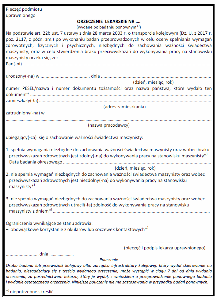 Orzeczenie lekarskie potwierdzające zdolność fizyczną i psychiczną osób ubiegających się o świadectwo maszynisty