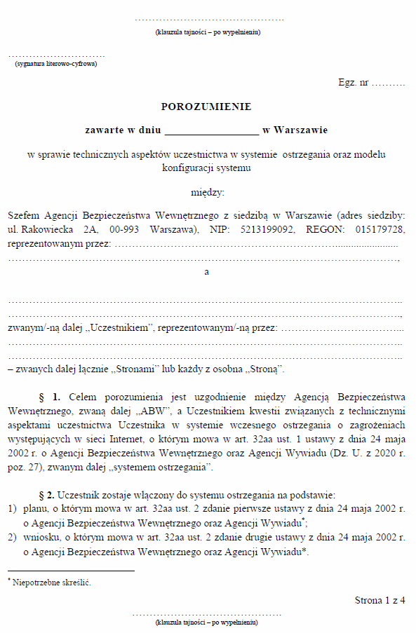 Porozumienie w sprawie technicznych aspektów uczestnictwa w systemie ostrzegania oraz modelu