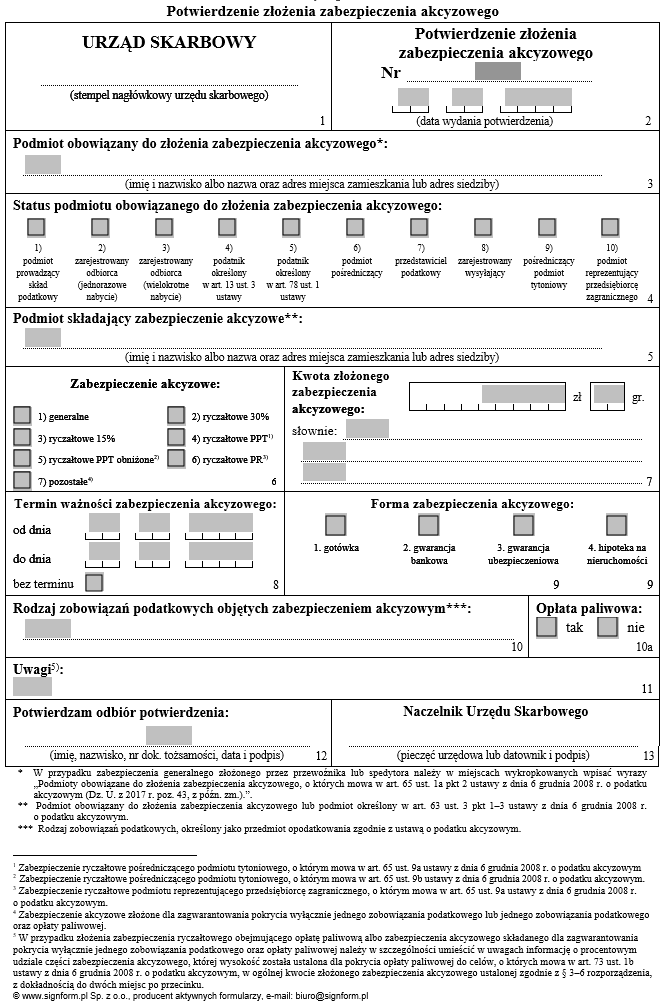 Wniosek o wyrażenie zgody na złożenie zabezpieczenia ryczałtowego/przedłużenie zgody na złożenie zabezpieczenia ryczałtowego, Potwierdzenie złożenia zabezpieczenia akcyzowego