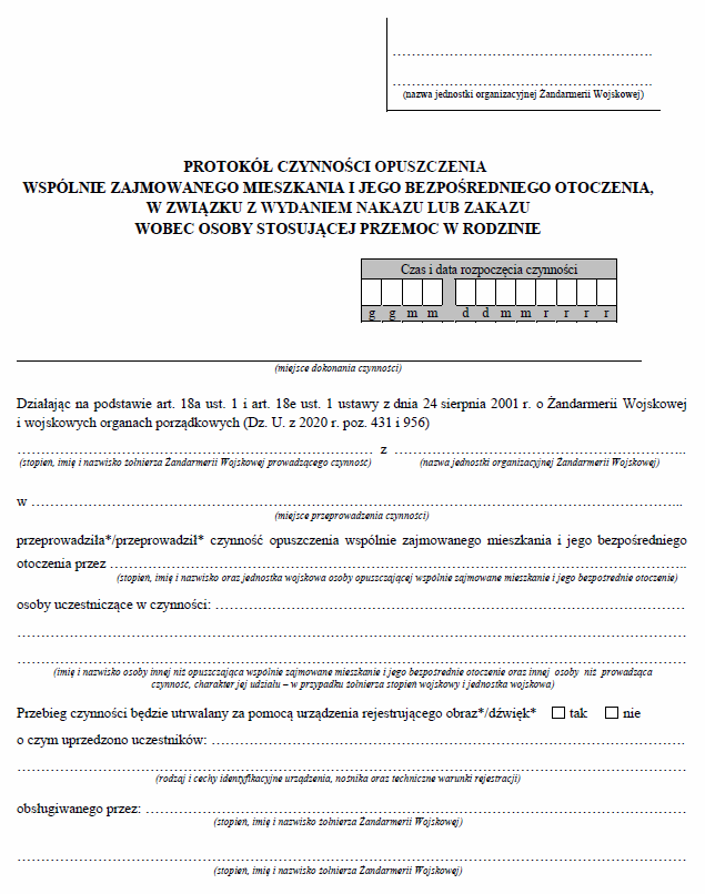 Protokół czynności opuszczenia wspólnie zajmowanego mieszkania i jego bezpośredniego otoczenia, w związku z wydaniem nakazu lub zakazu wobec osoby stosującej przemoc w rodzinie