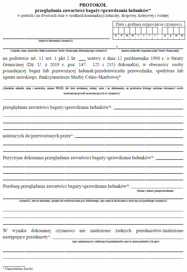 Protokół z kontroli osobistej, Protokół przeglądania zawartości bagaży / sprawdzania ładunków w portach i na dworcach oraz w środkach komunikacji lotniczej, drogowej, kolejowej i wodnej