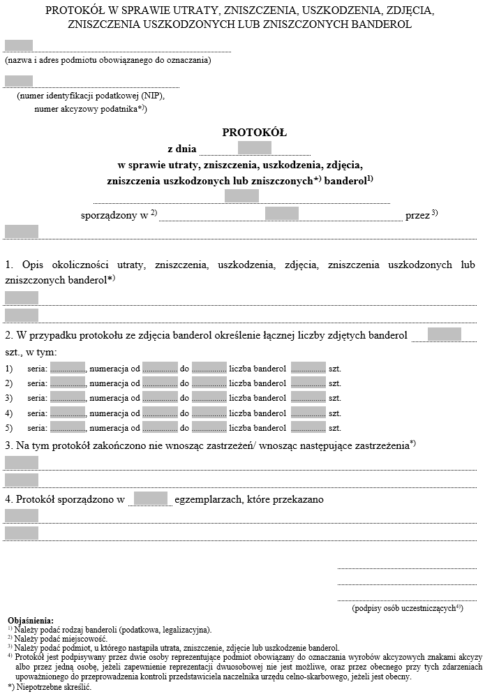 Protokół w sprawie utraty, zniszczenia, uszkodzenia, zdjęcia, zniszczenia uszkodzonych lub zniszczonych banderol