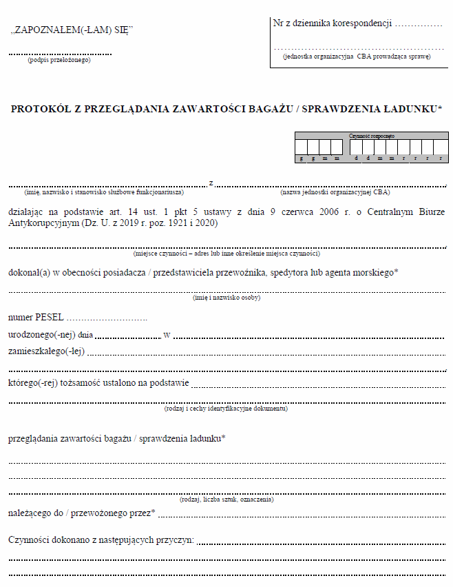 Protokół z kontroli osobistej CBA, Protokół z przeglądania zawartości bagażu / ładunku CBA