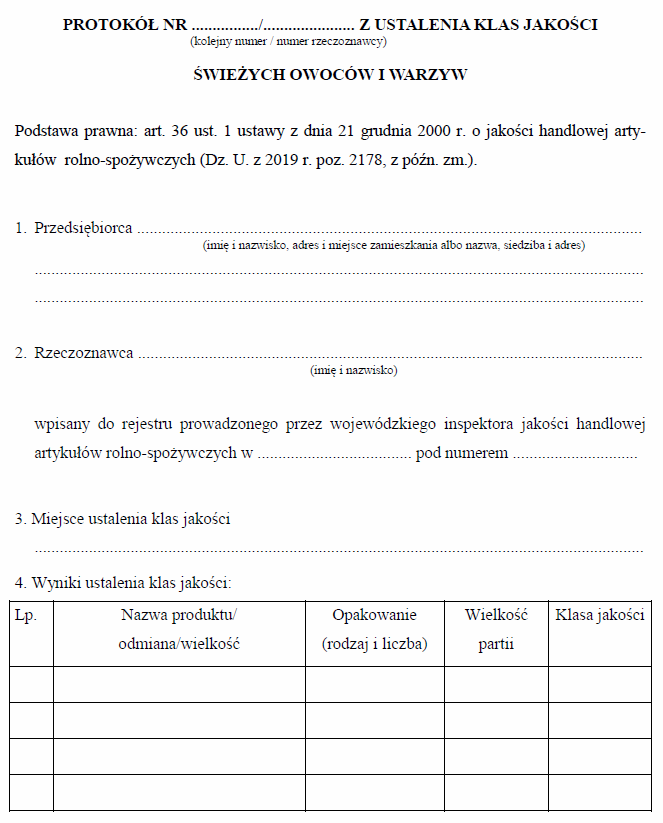 Protokoły z ustalenia klas jakości tusz zwierzęcych i artykułów rolno-spożywczych
