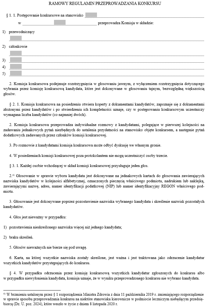 Ramowy regulamin przeprowadzania konkursu na niektóre stanowiska kierownicze w podmiocie leczniczym niebędącym przedsiębiorcą