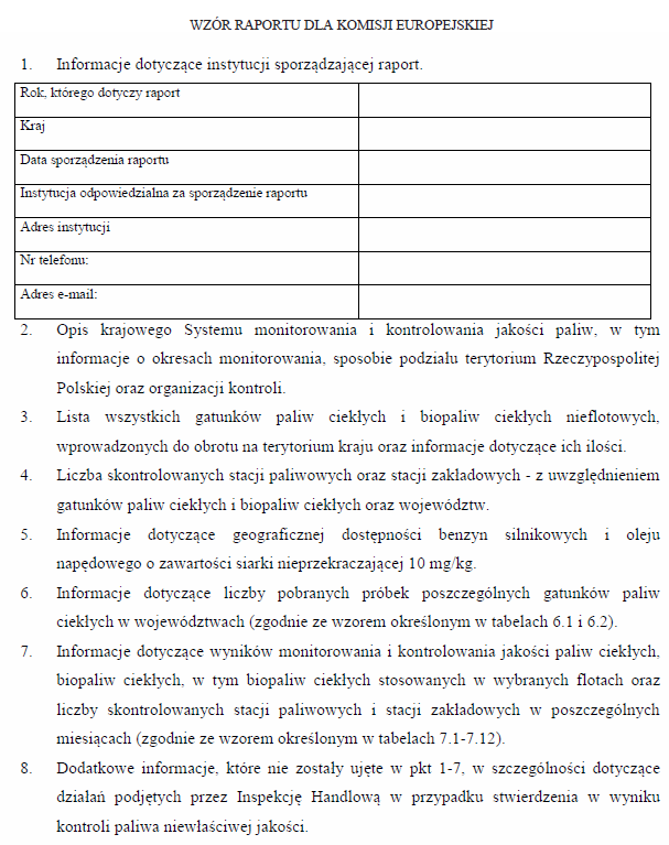 Raport dla Rady Ministrów / Komisji Europejskiej dotyczący jakości paliw ciekłych, biopaliw ciekłych, gazu skroplonego (LPG) i sprężonego gazu ziemnego (CNG)