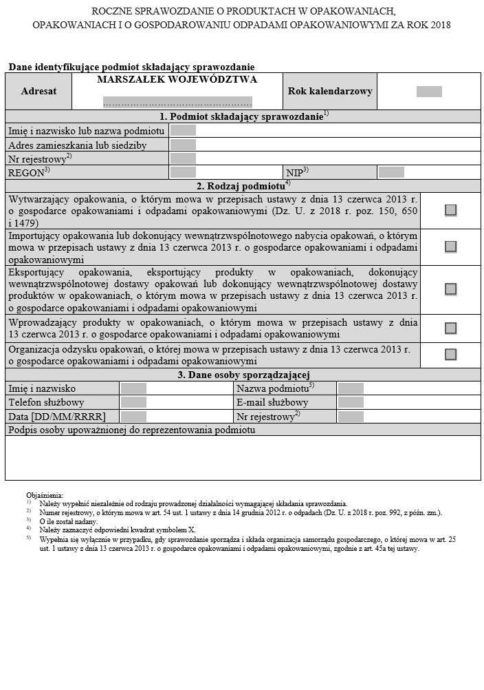 Roczne sprawozdanie o produktach w opakowaniach, opakowaniach i o gospodarowaniu odpadami opakowaniowymi za rok 2018