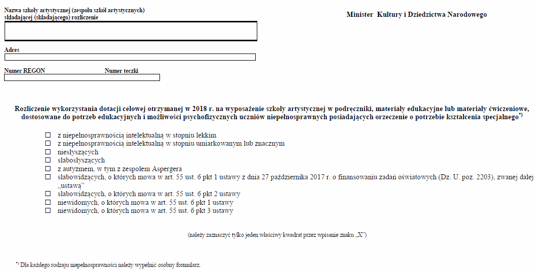 Wzory dla uzyskania dotacji celowej dla publicznych szkół artystycznych na wyposażenie w podręczniki, materiały edukacyjne lub materiały ćwiczeniowe