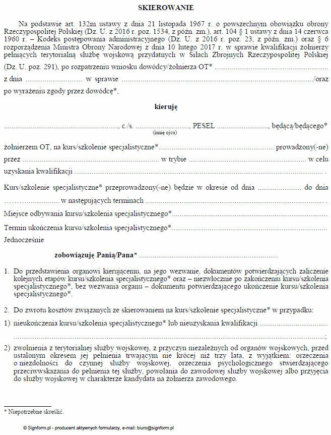 Umowa o wypłatę ekwiwalentu pieniężnego w związku z uzyskaniem kwalifikacji przydatnych w siłach zbrojnych, Skierowania do odbycia kursu lub szkolenia specjalistycznego w celu uzyskania kwalifikacji przydatnych w siłach zbrojnych
