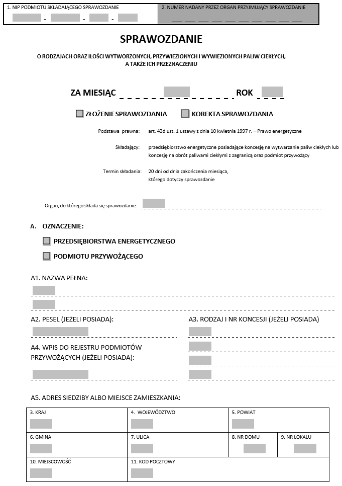 Sprawozdanie o rodzajach oraz ilości wytworzonych, przywiezionych i wywiezionych paliw ciekłych, a także ich przeznaczeniu