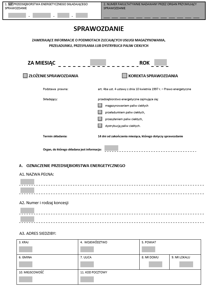 Sprawozdanie zawierające informacje o podmiotach zlecających usługi magazynowania, przeładunku, przesyłania lub dystrybucji paliw ciekłych