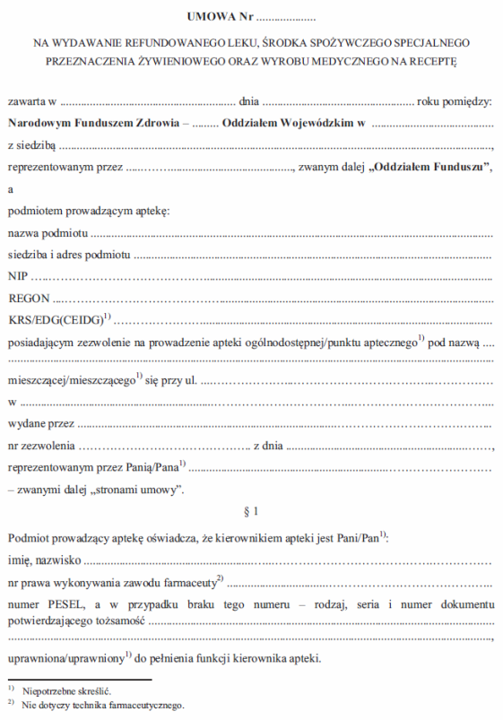 Umowa na wydawanie refundowanego leku, środka spożywczego specjalnego przeznaczenia żywieniowego oraz wyrobu medycznego na receptę