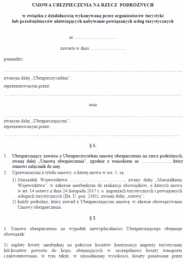Wzory umów o turystyczny rachunek powierniczy, formularzy gwarancji bankowej, gwarancji ubezpieczeniowej oraz umowy ubezpieczenia na rzecz podróżnych