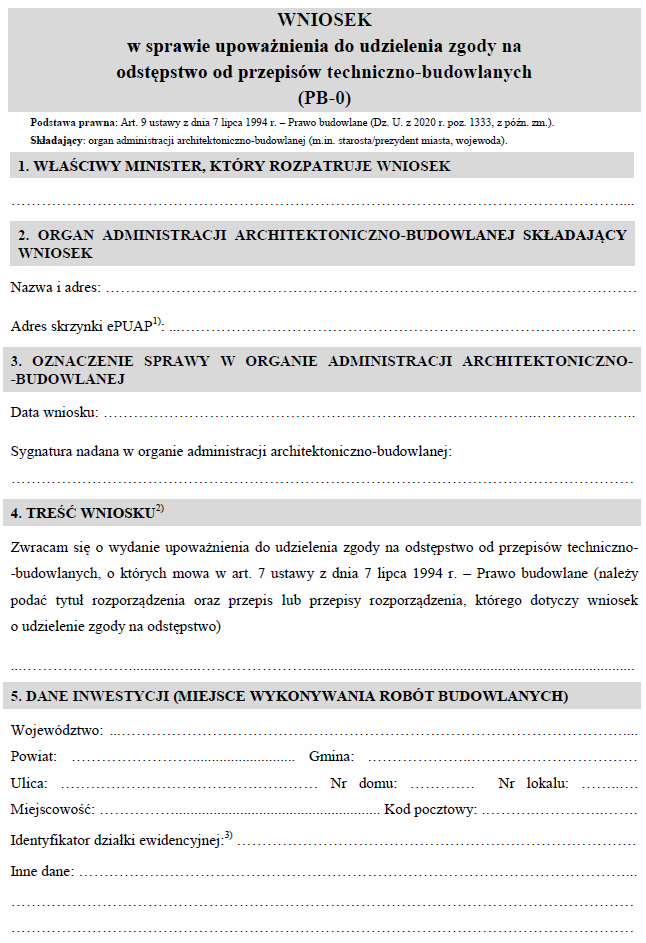 Wniosek w sprawie upoważnienia do udzielenia zgody na odstępstwo od przepisów techniczno-budowlanych (PB-0)