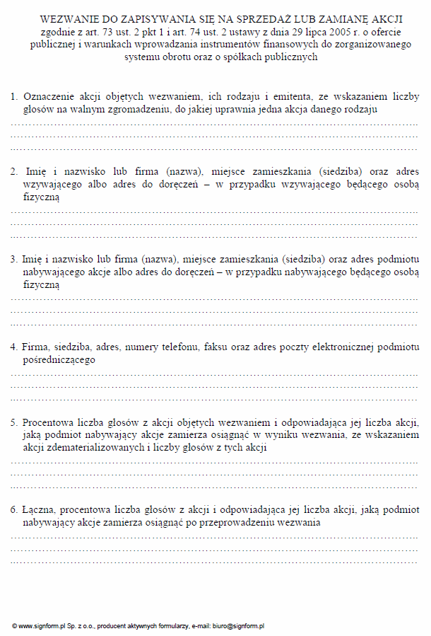 Wezwanie do zapisywania się na sprzedaż lub zamianę akcji