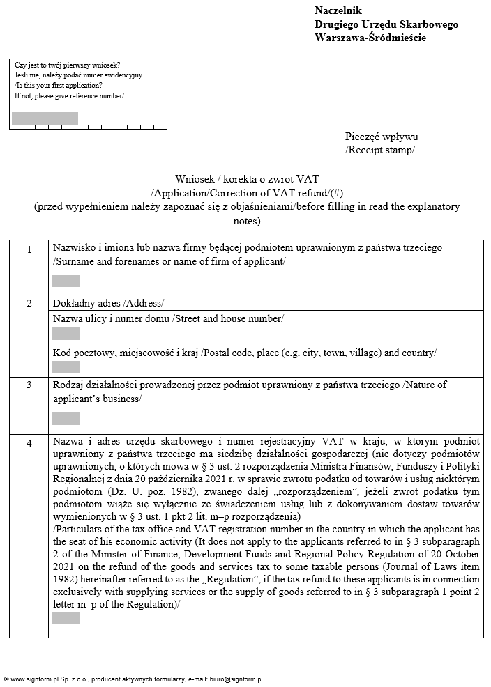 Wniosek / Korekta o zwrot podatku VAT / Application/Adjustment for VAT refund