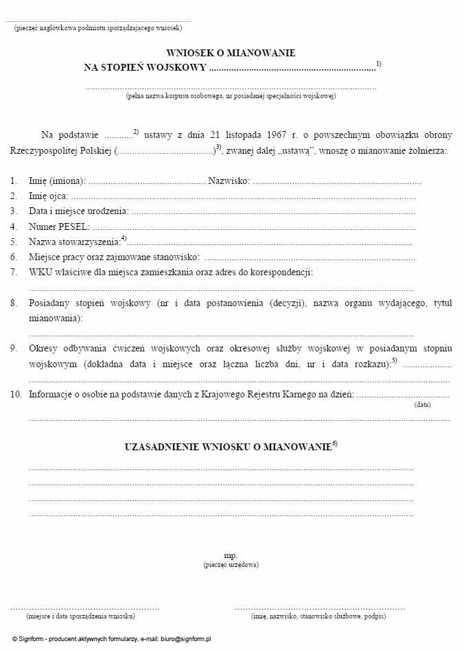 Formularze wniosków mianowania na stopnie wojskowe