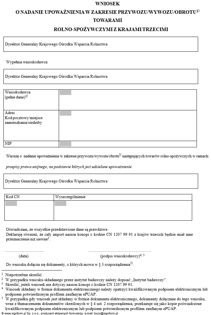 Wniosek o nadanie upoważnienia w zakresie przywozu/wywozu/obrotu towarami rolno-spożywczymi z krajami trzecimi