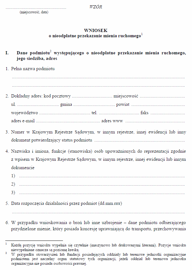 Wniosek o nieodpłatne przekazanie mienia ruchomego Skarbu Państwa będącego we władaniu jednostek organizacyjnych podległych MON