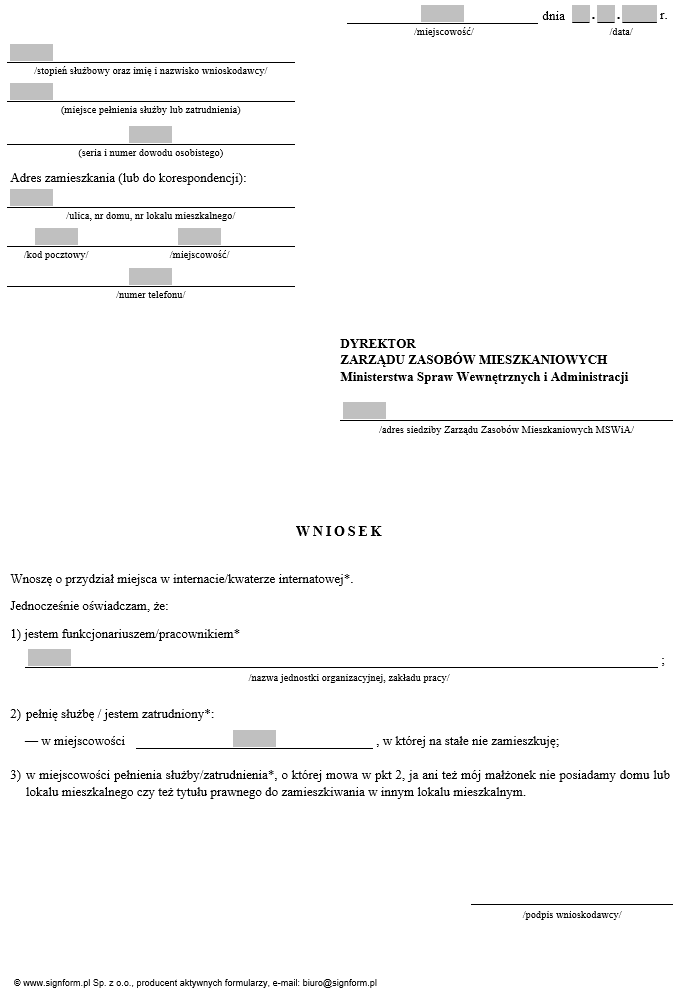 Wniosek o przydział miejsca w internacie / kwaterze internatowej zarządzanych przez Zarząd Zasobów Mieszkaniowych MSWiA