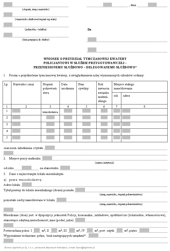 Wzory przydziału lokalu mieszkalnego lub tymczasowej kwatery policjantowi
