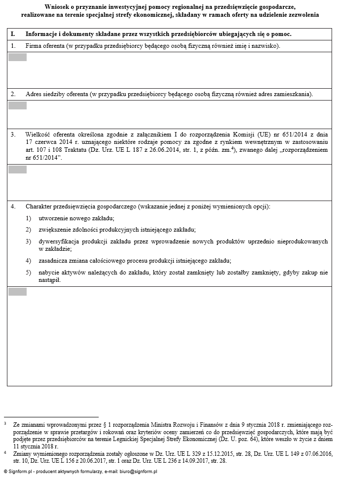 Wniosek o przyznanie inwestycyjnej pomocy regionalnej na przedsięwzięcie gospodarcze realizowane na terenie specjalnej strefy ekonomicznej, składany w ramach oferty na udzielenie zezwolenia