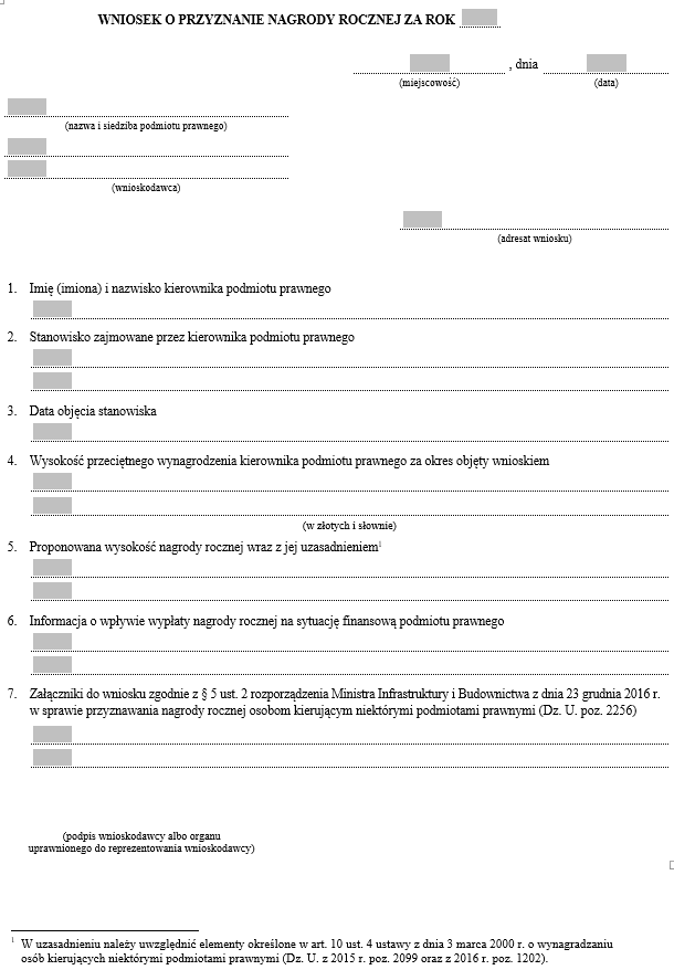 Wniosek o przyznanie nagrody rocznej osobom kierującym niektórymi podmiotami prawnymi