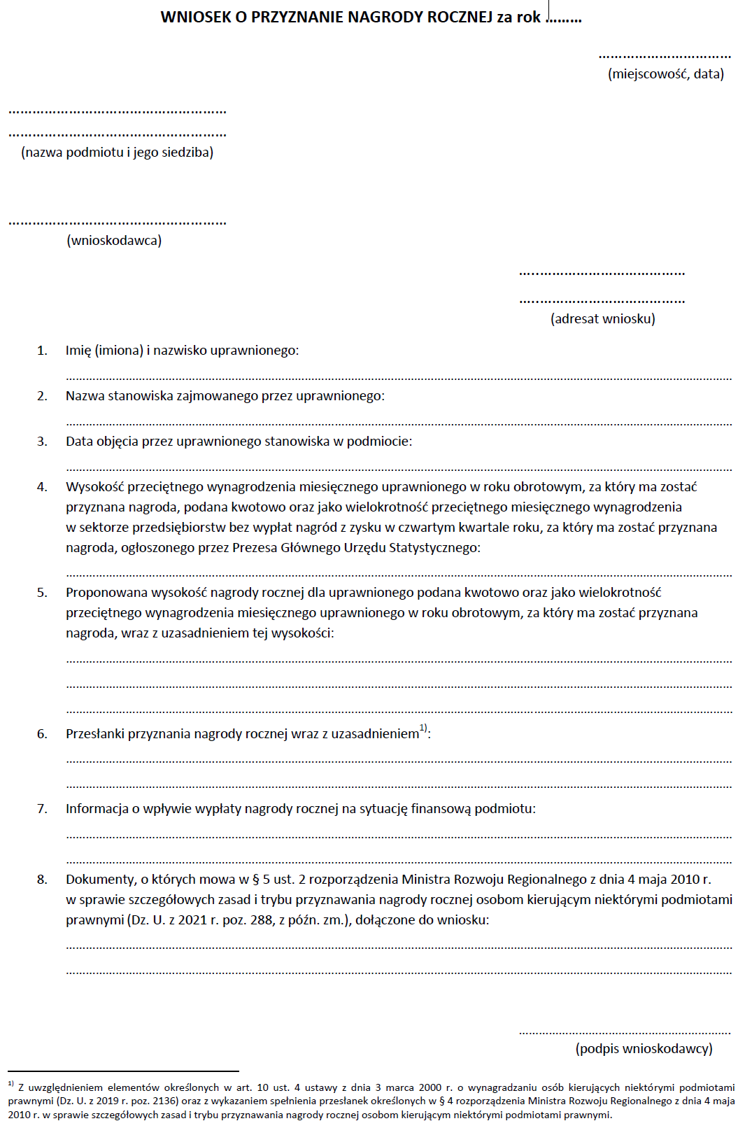 Wniosek o przyznanie nagrody rocznej osobom kierującym niektórymi podmiotami prawnymi