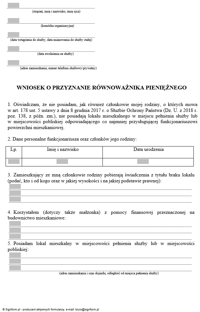 Wniosek o przyznanie równoważnika pieniężnego dla funkcjonariuszy Służby Ochrony Państwa za brak lokalu mieszkalnego