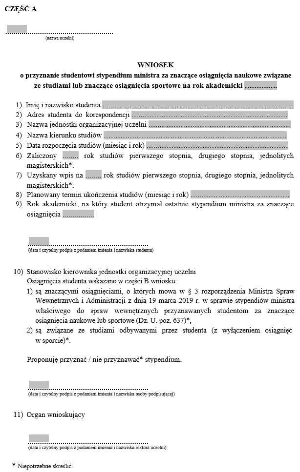 Wniosek o przyznanie studentowi stypendium ministra za znaczące osiągnięcia naukowe związane ze studiami lub znaczące osiągnięcia sportowe
