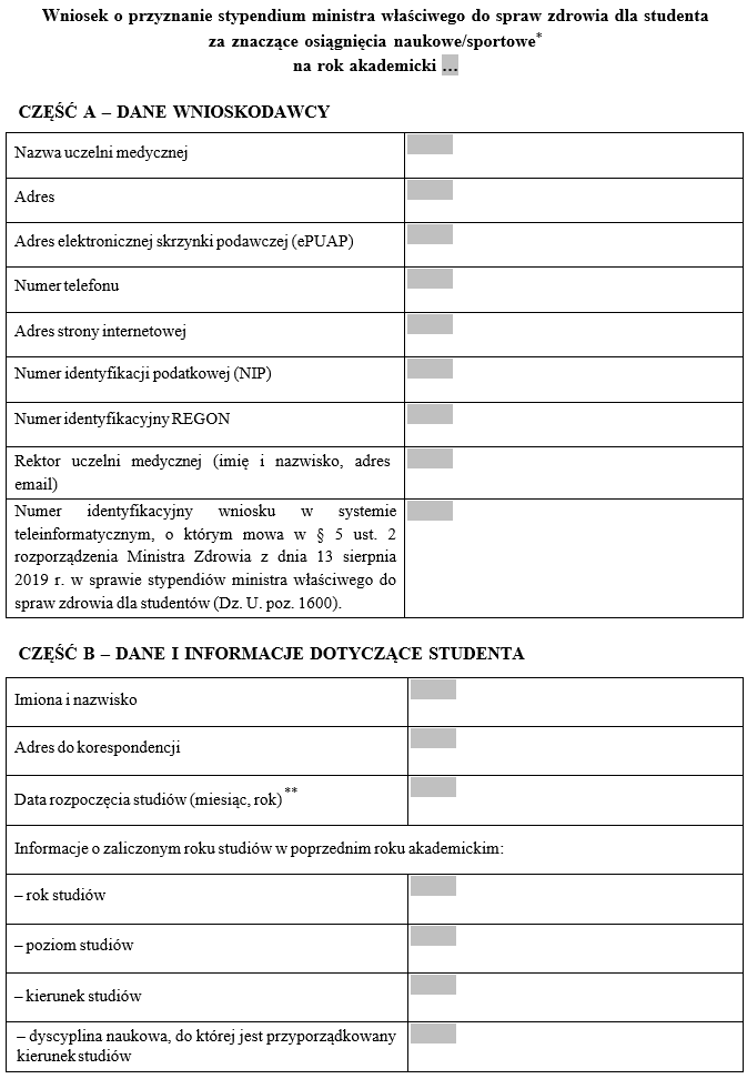 Wniosek o przyznanie stypendium ministra właściwego do spraw zdrowia dla studenta za znaczące osiągnięcia naukowe / sportowe