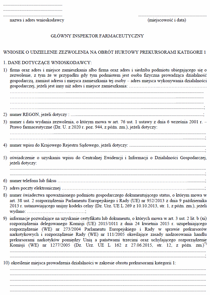 Wniosek o udzielenie zezwolenia na obrót hurtowy prekursorami kategorii 1, środkami odurzającymi lub substancjami psychotropowymi
