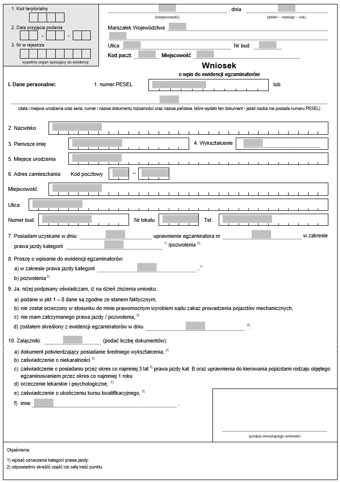 WZORY - Egzaminowanie osób ubiegających się o uprawnienia do kierowania pojazdami, szkolenia, egzaminowania i uzyskiwania uprawnień przez egzaminatorów