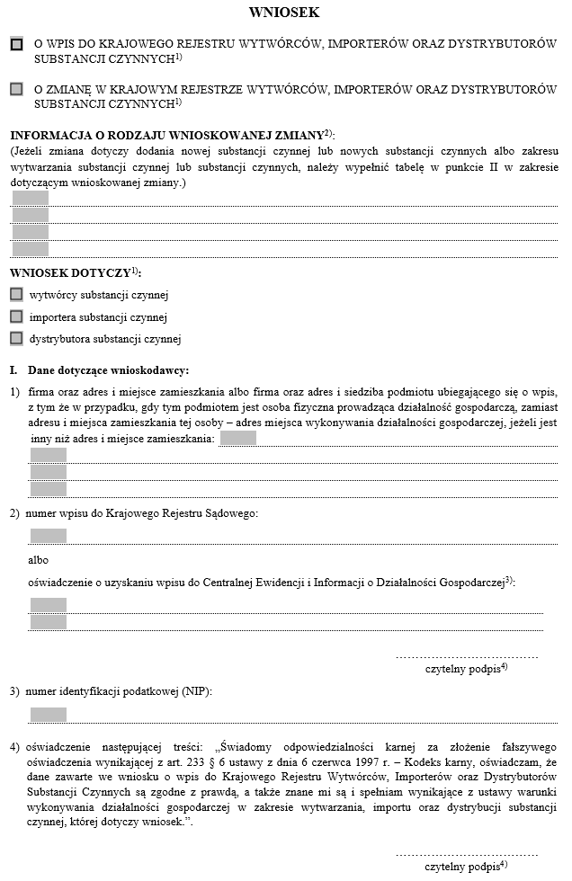 Wniosek o wpis/zmianę w Krajowym Rejestrze Wytwórców, importerów oraz dystrybutorów substancji czynnych