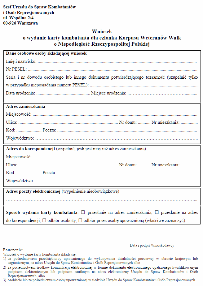 Wniosek o wydanie karty kombatanta dla członka Korpusu Weteranów Walk o Niepodległość Rzeczypospolitej Polskiej