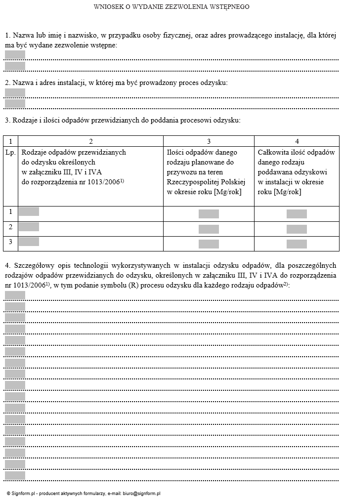 Wniosek o wydanie zezwolenia wstępnego na poddanie odpadów procesowi odzysku