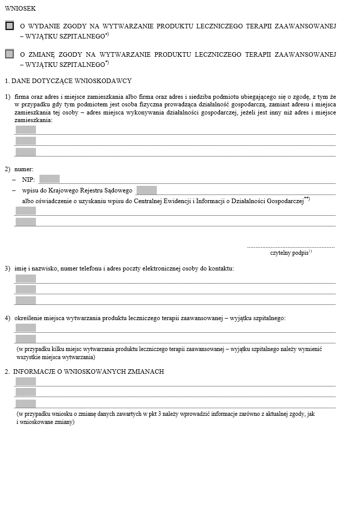 Wniosek o wydanie / zmianę zgody na wytwarzanie produktu leczniczego terapii zaawansowanej – wyjątku szpitalnego