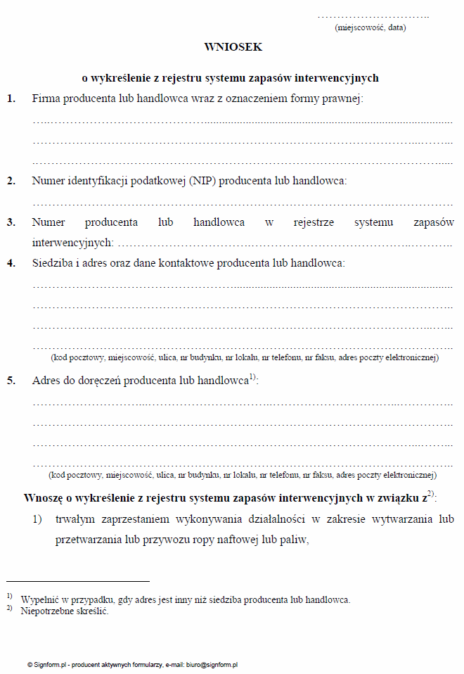 Wniosek o dokonanie wpisu, zmiany wpisu lub wykreślenie z rejestru systemu zapasów interwencyjnych