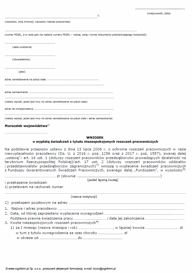 Zbiorczy wykaz niezaspokojonych roszczeń pracowniczych w okresie poprzedzającym dzień niewypłacalności pracodawcy, Wykaz uzupełniający niezaspokojonych roszczeń pracowniczych i Wniosek o wypłatę świadczeń z tytułu niezaspokojonych roszczeń pracowniczych