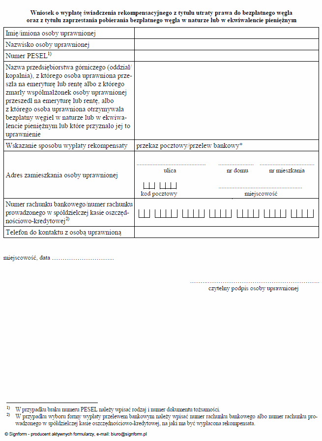 Wniosek o wypłatę świadczenia rekompensacyjnego z tytułu utraty prawa do bezpłatnego węgla oraz z tytułu zaprzestania pobierania bezpłatnego węgla w naturze lub w ekwiwalencie pieniężnym