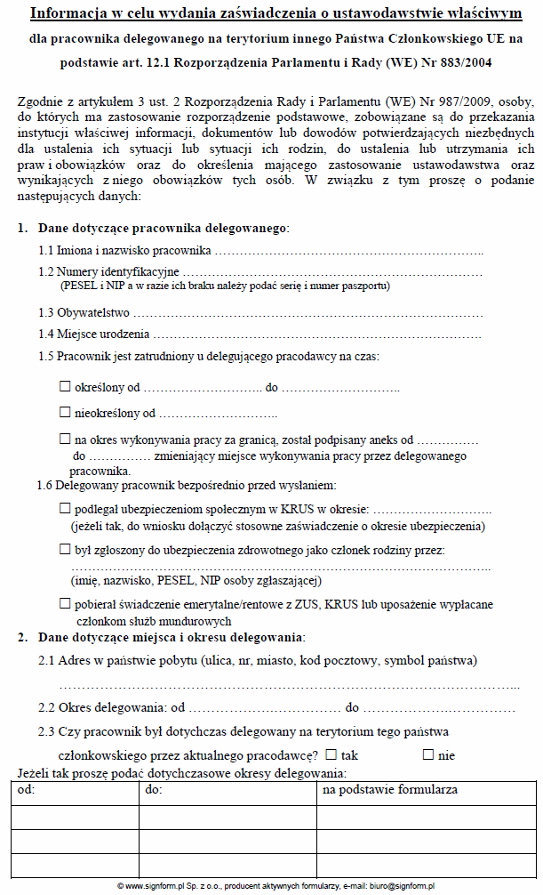 Wniosek o zaświadczenie A1 - pracownik delegowany