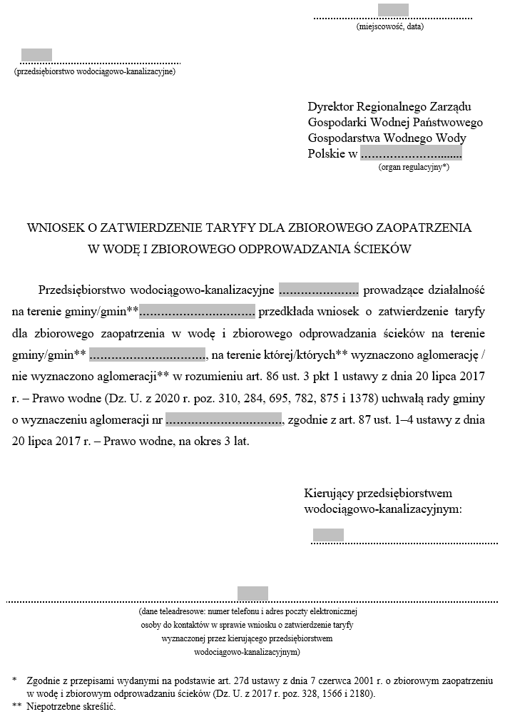 Wniosek o zatwierdzenie taryfy dla zbiorowego zaopatrzenia w wodę i zbiorowego odprowadzania ścieków
