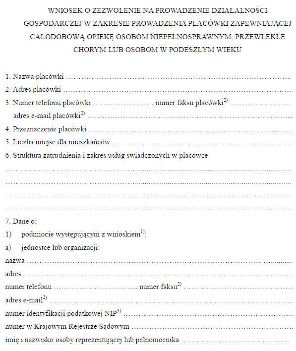 Wniosek o zezwolenie na prowadzenie działalności gospodarczej w zakresie prowadzenia placówki zapewniającej całodobową opiekę osobom niepełnosprawnym, przewlekle chorym lub osobom w podeszłym wieku