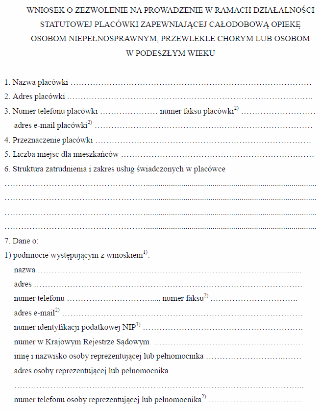 Wniosek o zezwolenie na prowadzenie w ramach działalności statutowej placówki zapewniającej całodobową opiekę osobom niepełnosprawnym, przewlekle chorym lub osobom w podeszłym wieku