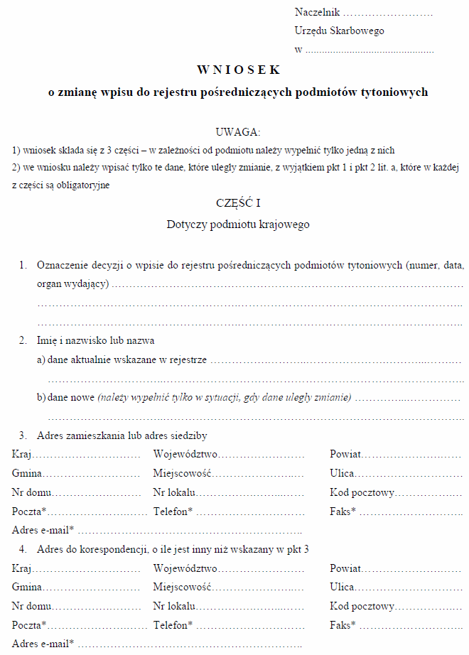 Wniosek o wpis do rejestru pośredniczących podmiotów tytoniowych, Wniosek o zmianę wpisu do rejestru pośredniczących podmiotów tytoniowych