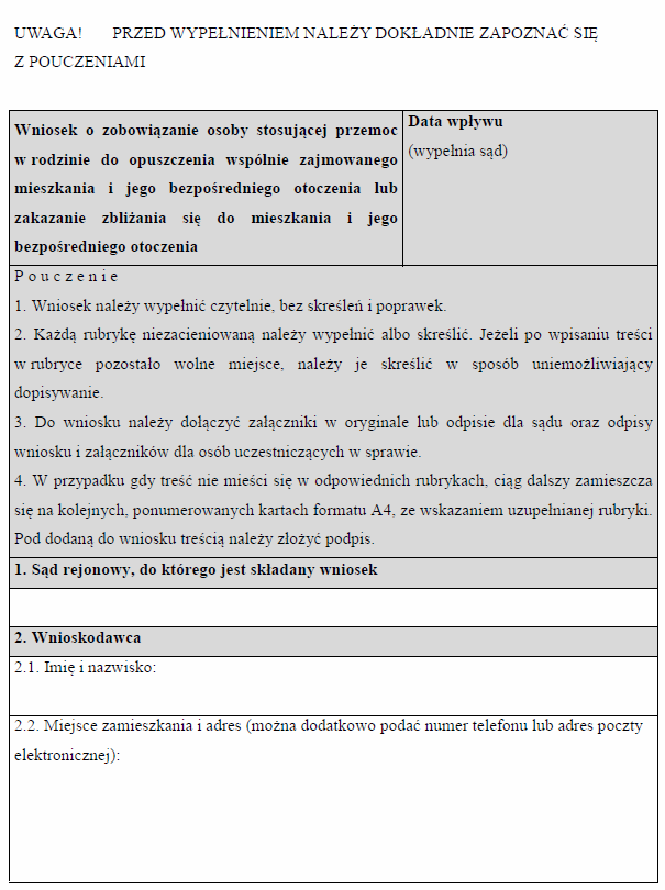 Wniosek o zobowiązanie osoby stosującej przemoc w rodzinie do opuszczenia wspólnie zajmowanego mieszkania i jego bezpośredniego otoczenia lub zakazanie zbliżania się do mieszkania i jego bezpośredniego otoczenia
