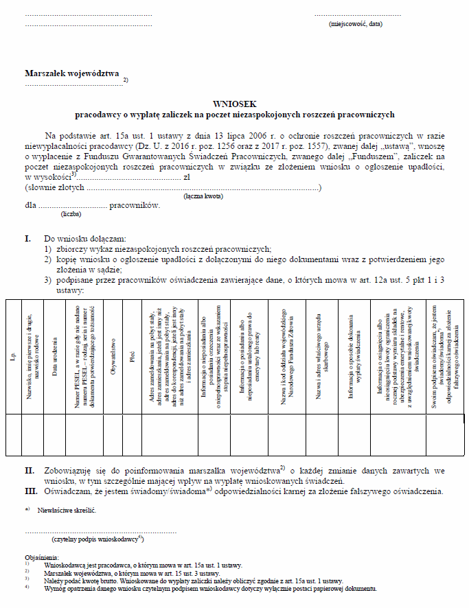 Wniosek pracownika o wypłatę zaliczki na poczet niezaspokojonych przez pracodawcę roszczeń z powodu braku środków finansowych w związku z faktycznym zaprzestaniem działalności przez pracodawcę, Wniosek pracodawcy o wypłatę zaliczek na poczet niezaspokojon